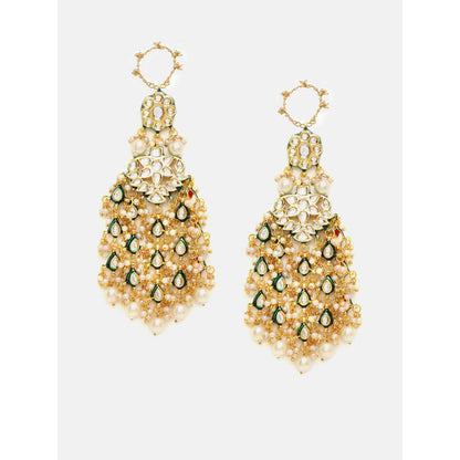 Ruby Raang Studio Green and White Kundan Attached Ear Chain Drop Earrings