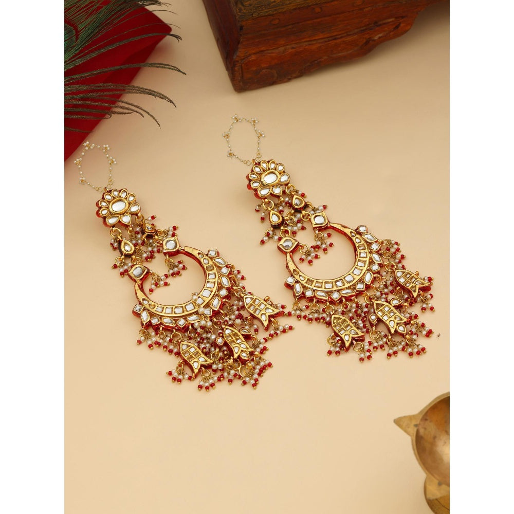Ruby Raang Studio Red Kundan Beads Attached Ear Chain Chandbali Earrings