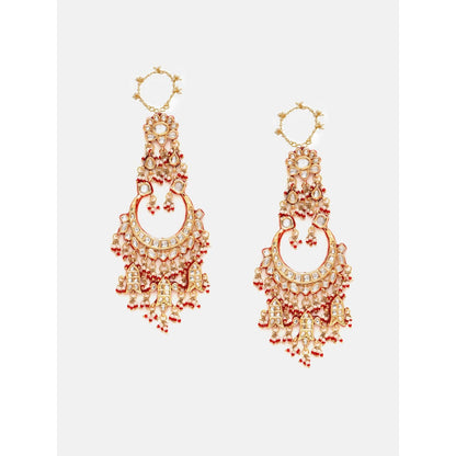 Ruby Raang Studio Red Kundan Beads Attached Ear Chain Chandbali Earrings
