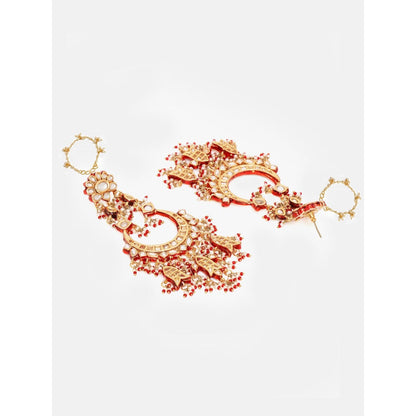 Ruby Raang Studio Red Kundan Beads Attached Ear Chain Chandbali Earrings