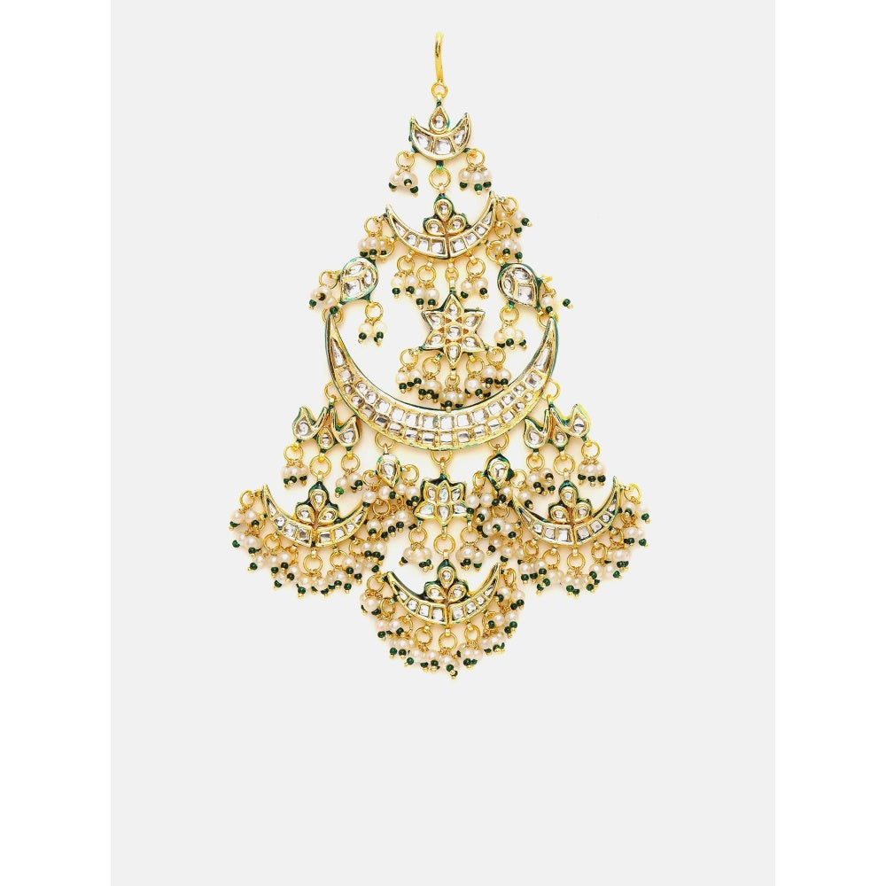 Ruby Raang Studio Green and White Beads Kundan Passa