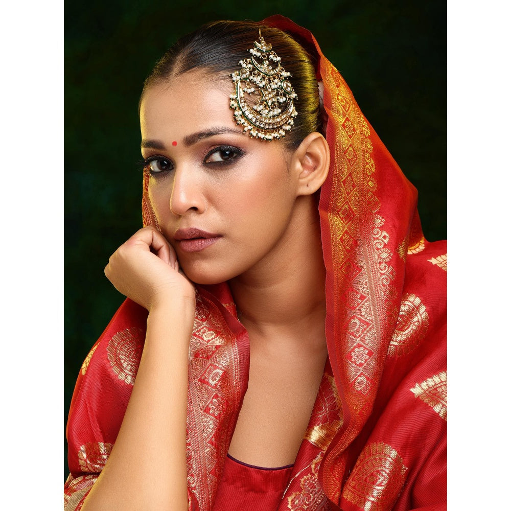 Ruby Raang Studio Green and White Beads Kundan Passa