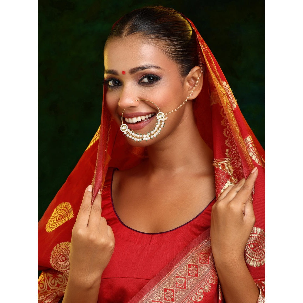 Ruby Raang Studio White and Green Beads Kundan Maharani Nose Ring
