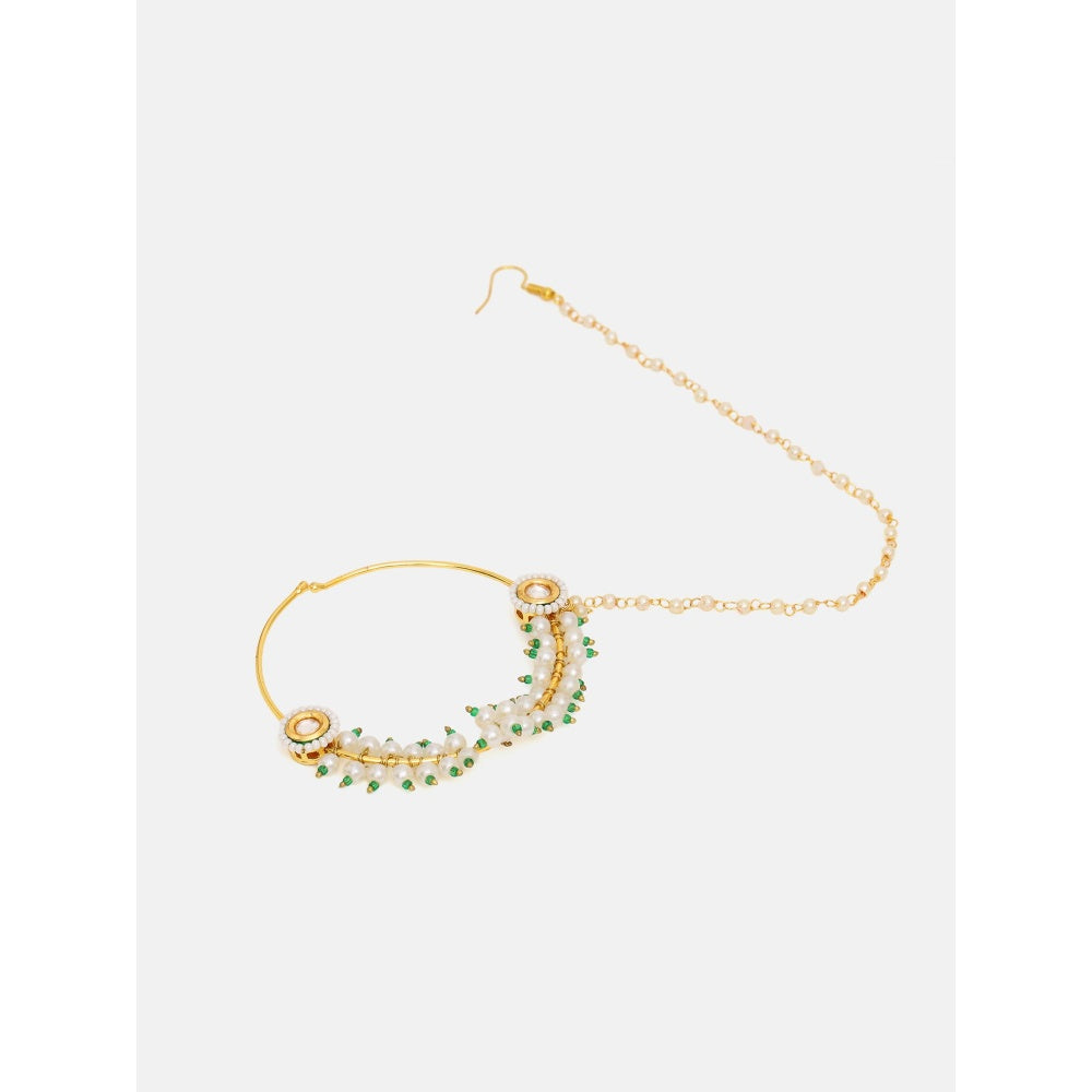 Ruby Raang Studio White and Green Beads Kundan Maharani Nose Ring