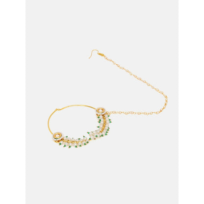 Ruby Raang Studio White and Green Beads Kundan Maharani Nose Ring