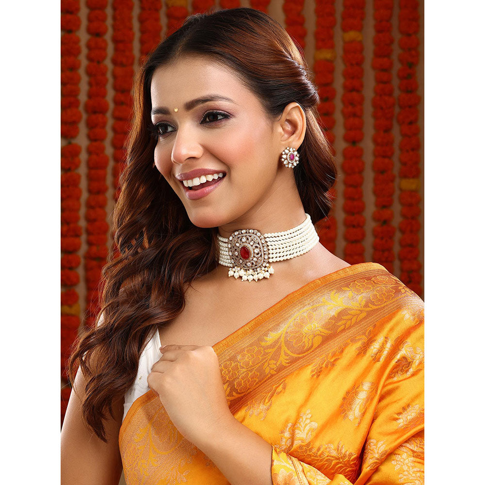 Ruby Raang Studio Pink Stone-Pearl and Kundan Choker Jewellery Set