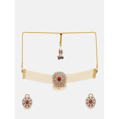 Ruby Raang Studio Pink Stone-Pearl and Kundan Choker Jewellery Set