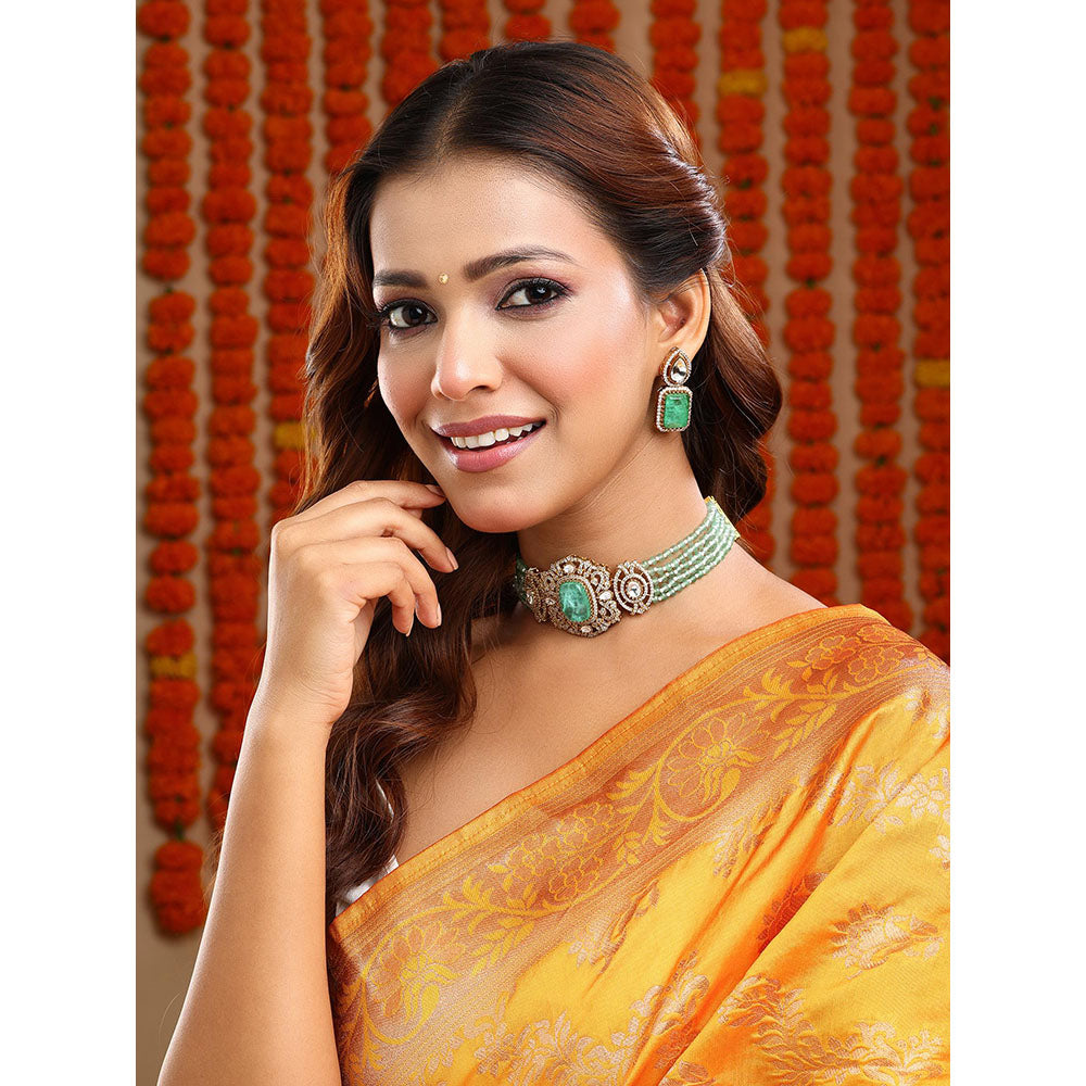 Ruby Raang Studio Green Stone and Mossanite Choker Jewellery Set