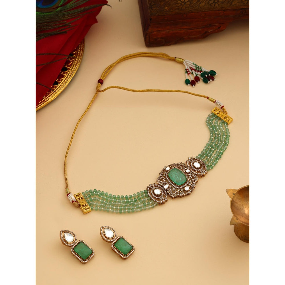 Ruby Raang Studio Green Stone and Mossanite Choker Jewellery Set