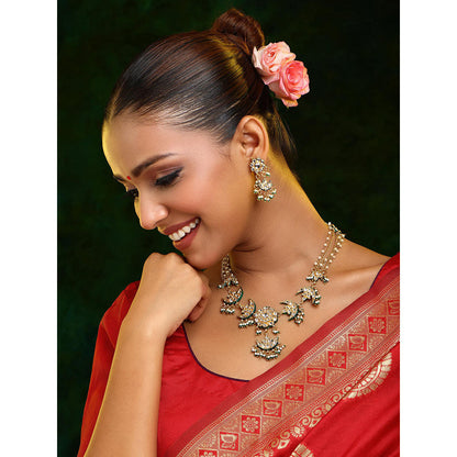 Ruby Raang Studio White and Green Beads Kundan Jewellery Set