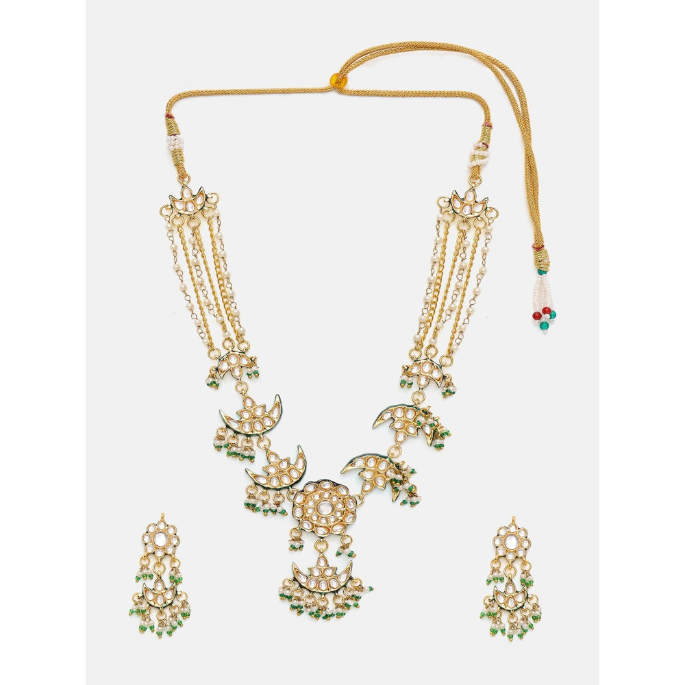 Ruby Raang Studio White and Green Beads Kundan Jewellery Set