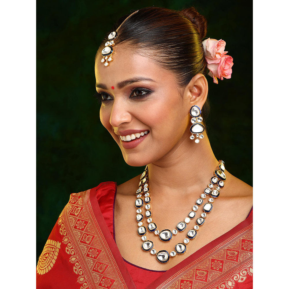Ruby Raang Studio Blue Meenakari Kundan Layered Jewellery Set