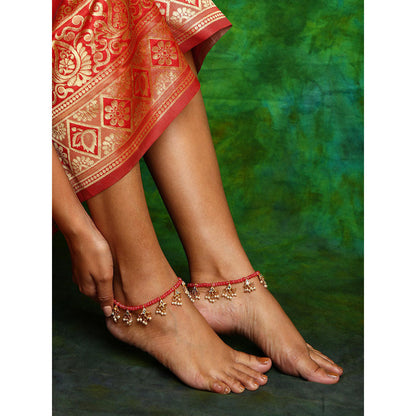 Ruby Raang Studio Red Beads Kundan-Stone Anklets