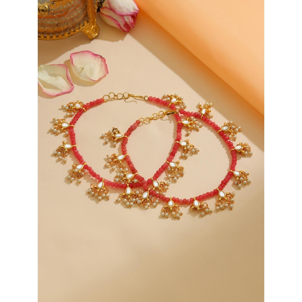 Ruby Raang Studio Red Beads Kundan-Stone Anklets