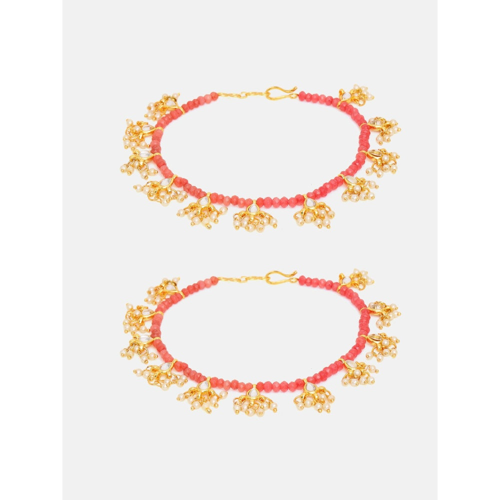 Ruby Raang Studio Red Beads Kundan-Stone Anklets