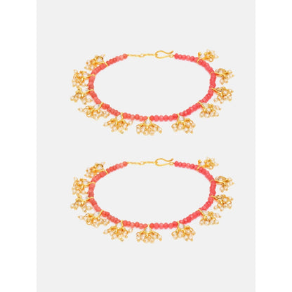 Ruby Raang Studio Red Beads Kundan-Stone Anklets