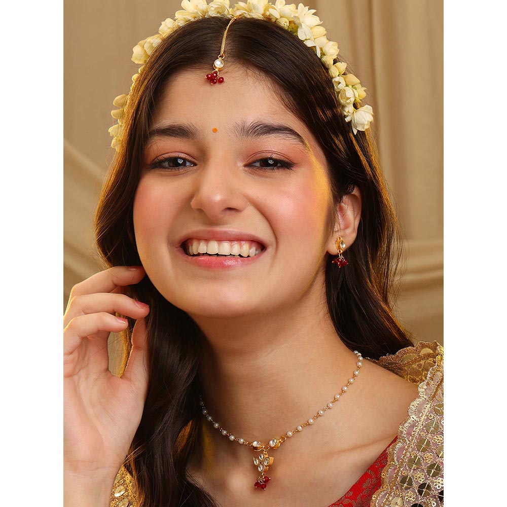 Ruby Raang Studio Womens Red Kundan Necklace with Earrings and Maang Tikka