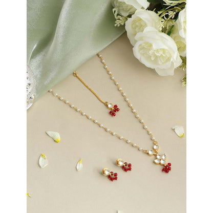 Ruby Raang Studio Womens Red Kundan Necklace with Earrings and Maang Tikka