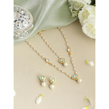 Ruby Raang Studio Womens White Kundan Necklace with Earrings and Maang Tikka