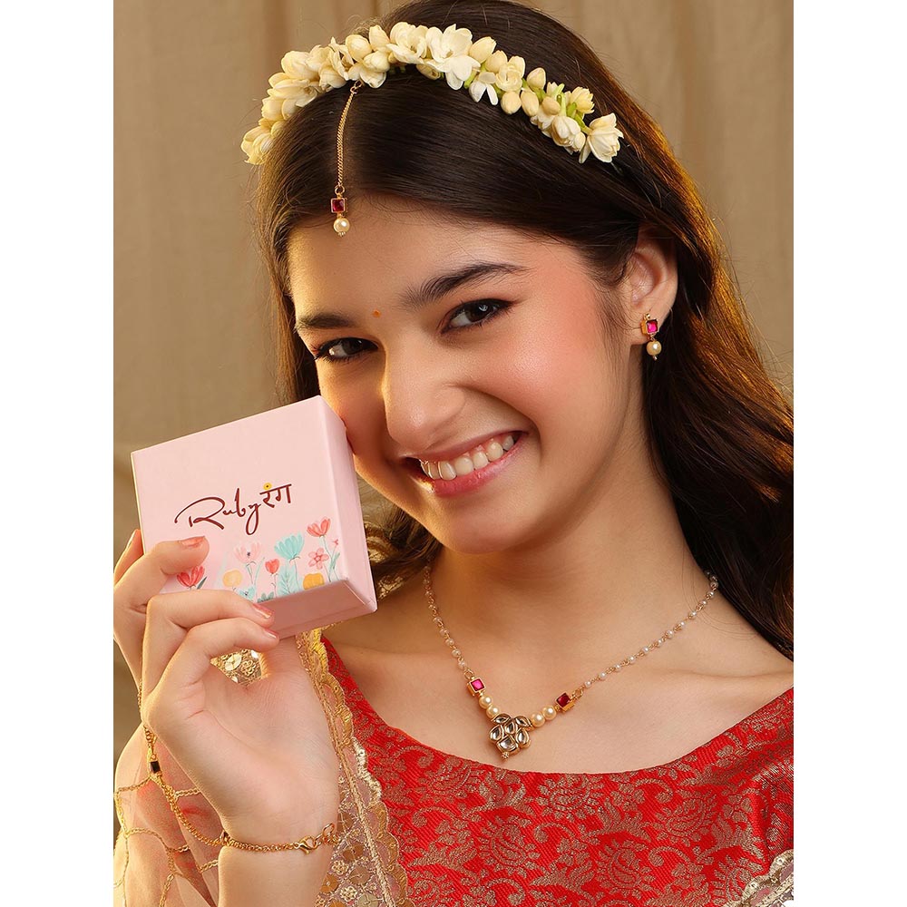 Ruby Raang Studio Mannat Pink Kundan Necklace with Earrings and Maang Tikka