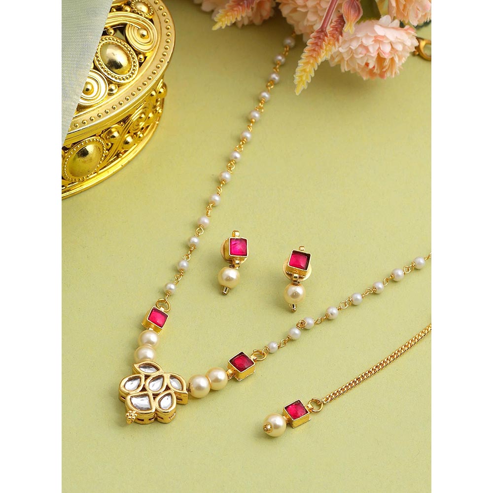 Ruby Raang Studio Mannat Pink Kundan Necklace with Earrings and Maang Tikka