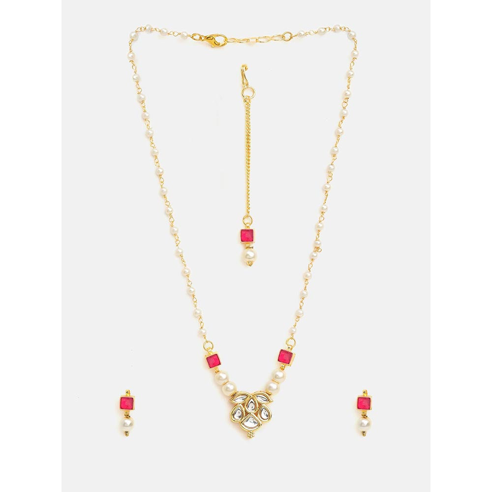 Ruby Raang Studio Mannat Pink Kundan Necklace with Earrings and Maang Tikka