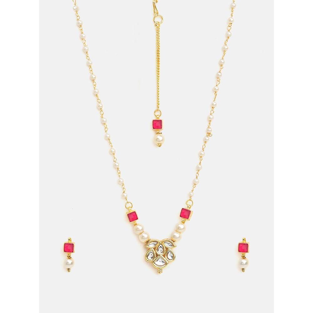 Ruby Raang Studio Mannat Pink Kundan Necklace with Earrings and Maang Tikka