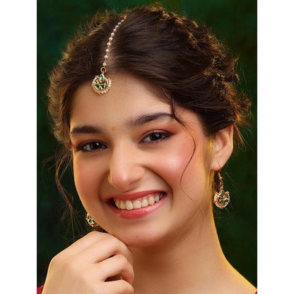Ruby Raang Studio Gold Green Kundan Earrings and Maang Tikka