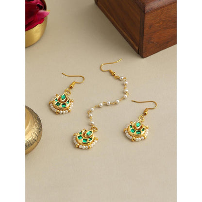 Ruby Raang Studio Gold Green Kundan Earrings and Maang Tikka