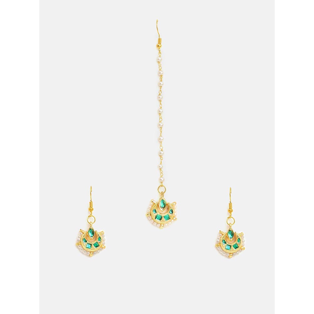 Ruby Raang Studio Gold Green Kundan Earrings and Maang Tikka