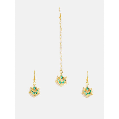 Ruby Raang Studio Gold Green Kundan Earrings and Maang Tikka