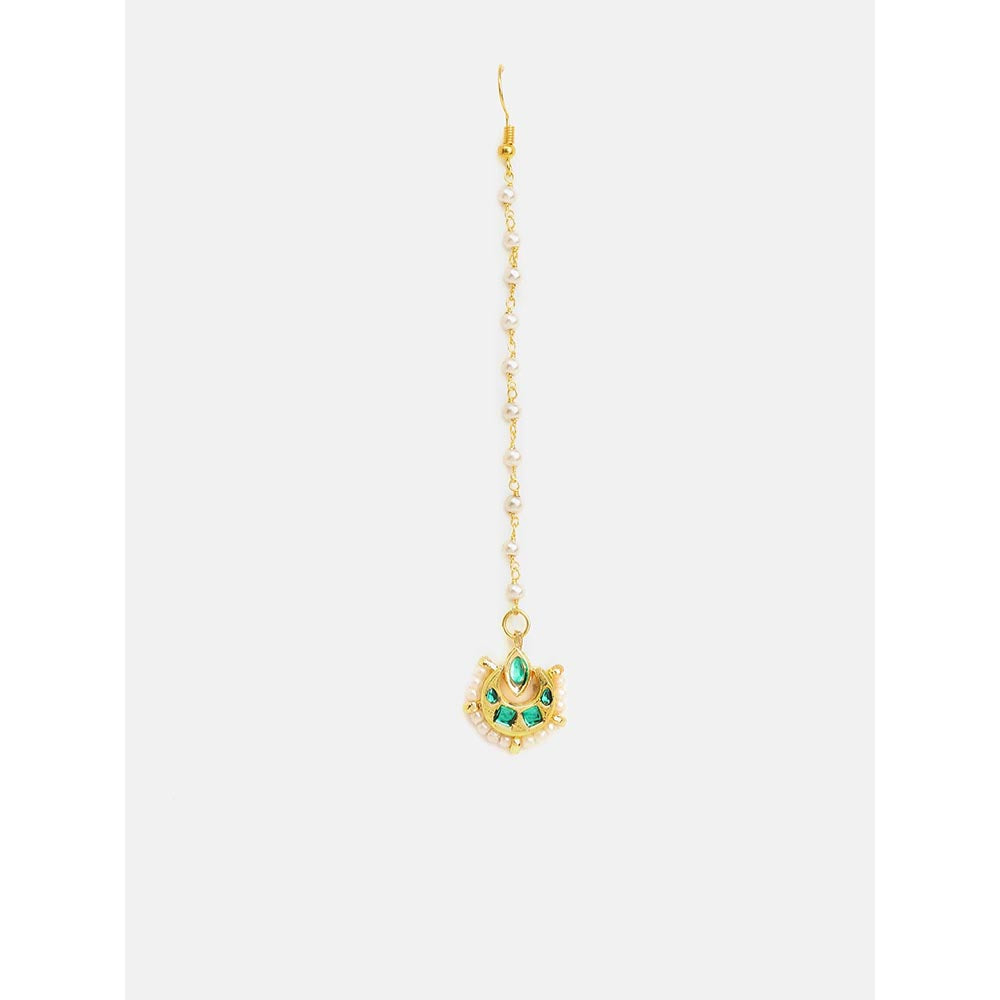 Ruby Raang Studio Gold Green Kundan Earrings and Maang Tikka