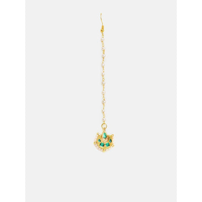 Ruby Raang Studio Gold Green Kundan Earrings and Maang Tikka