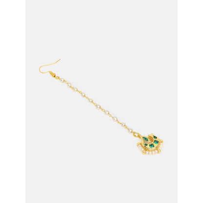 Ruby Raang Studio Gold Green Kundan Earrings and Maang Tikka