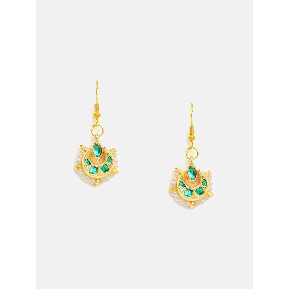 Ruby Raang Studio Gold Green Kundan Earrings and Maang Tikka