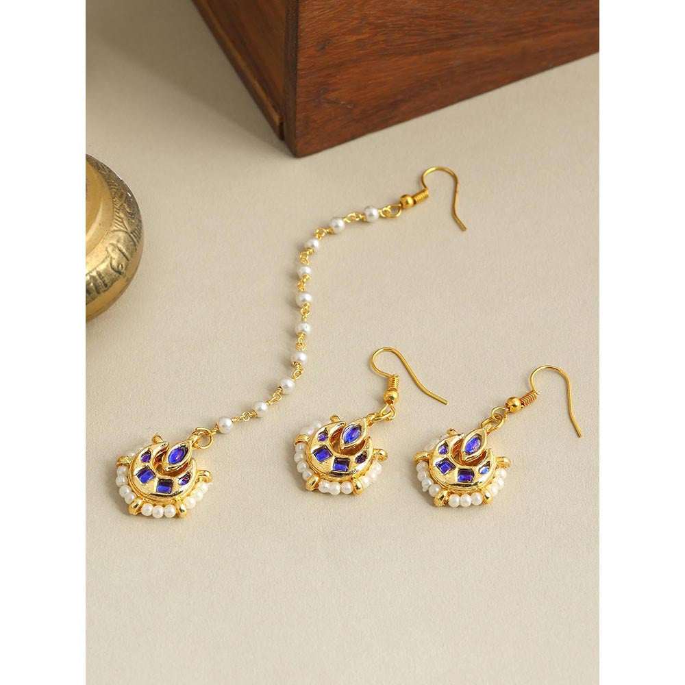 Ruby Raang Studio Finest Gold Kundan Earrings With A Maang Tikka