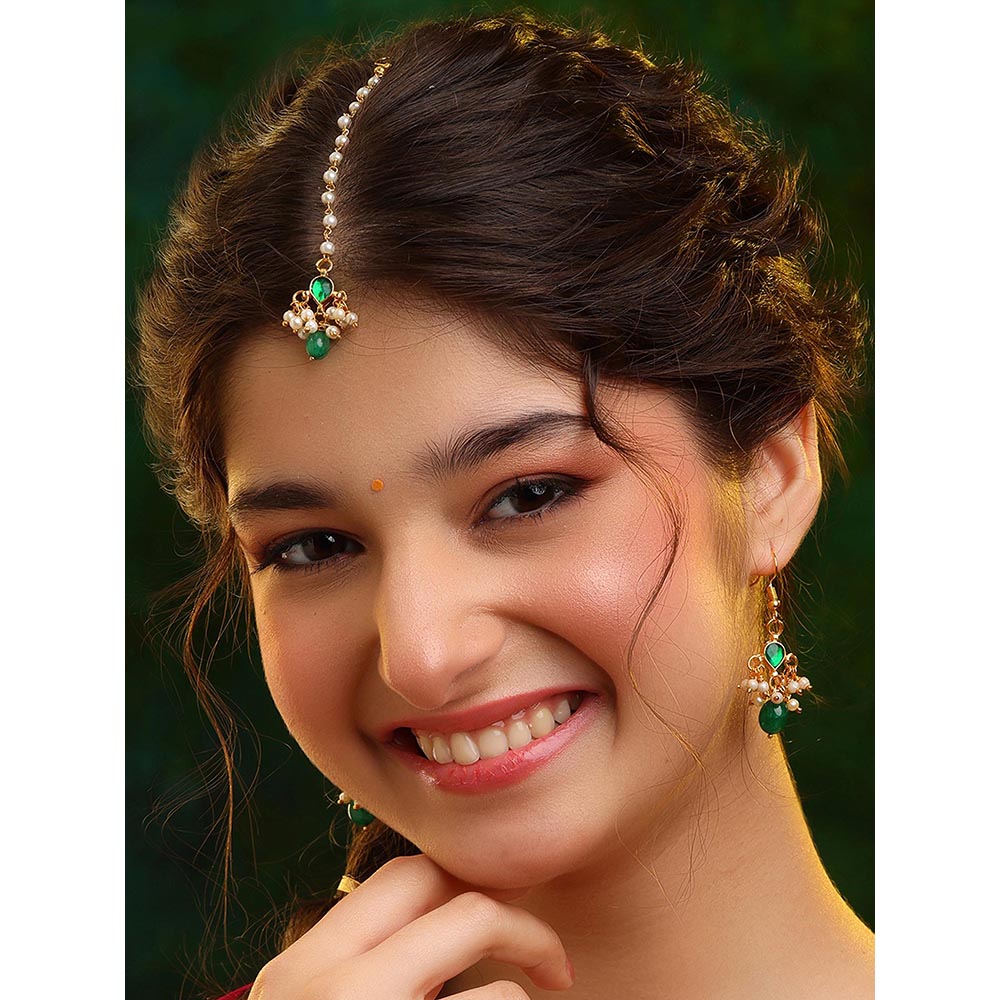 Ruby Raang Studio Handcrafted Kundan Studded Earring With A Maang Tikka