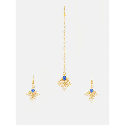 Ruby Raang Studio Womens Blue Kundan Maan Tikka with Earrings