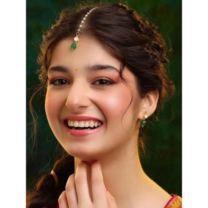 Ruby Raang Studio Womens Green Kundan Maang Tikka with Earrings