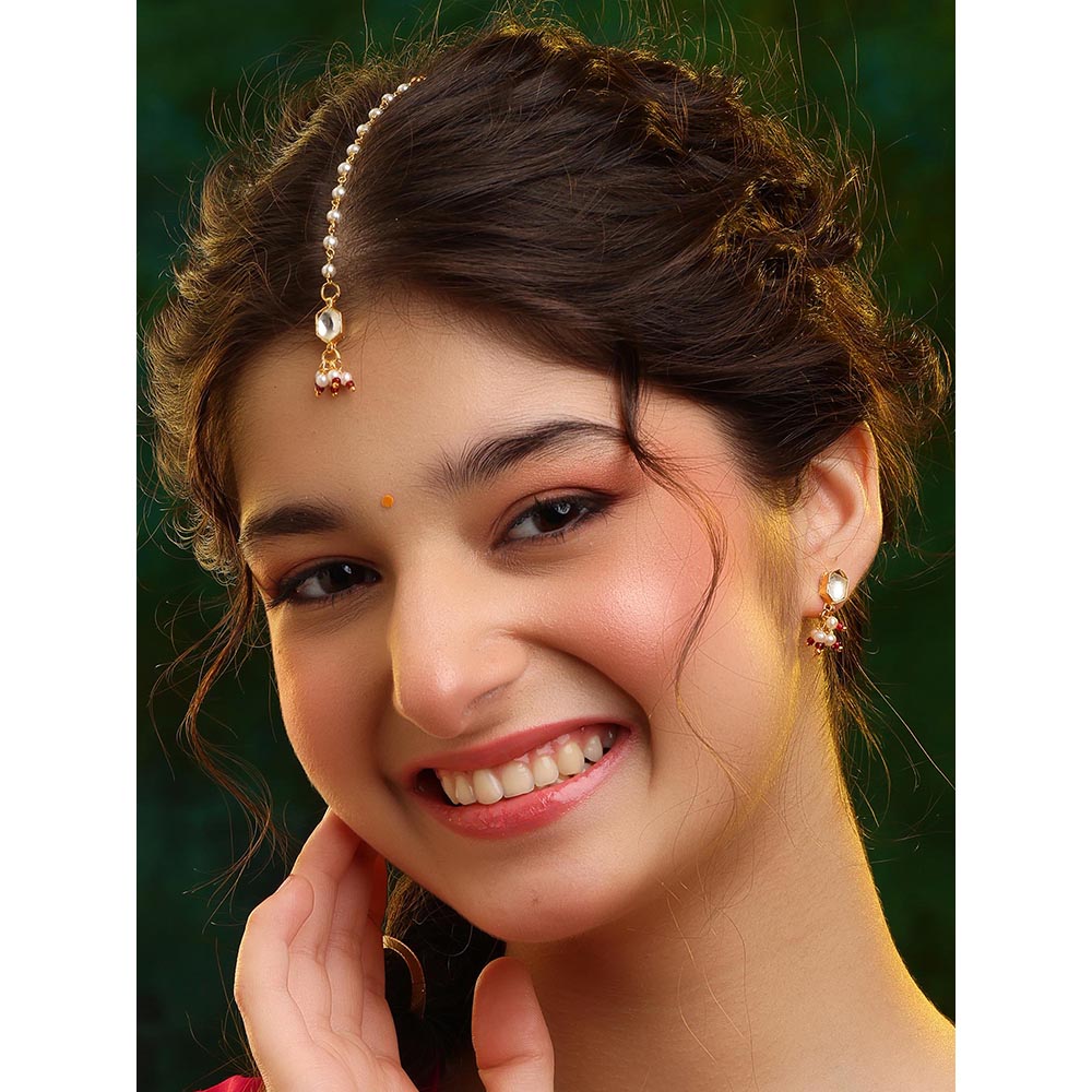 Ruby Raang Studio Womens White Kundan Maang Tikka with Earrings