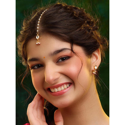 Ruby Raang Studio Womens White Kundan Maang Tikka with Earrings