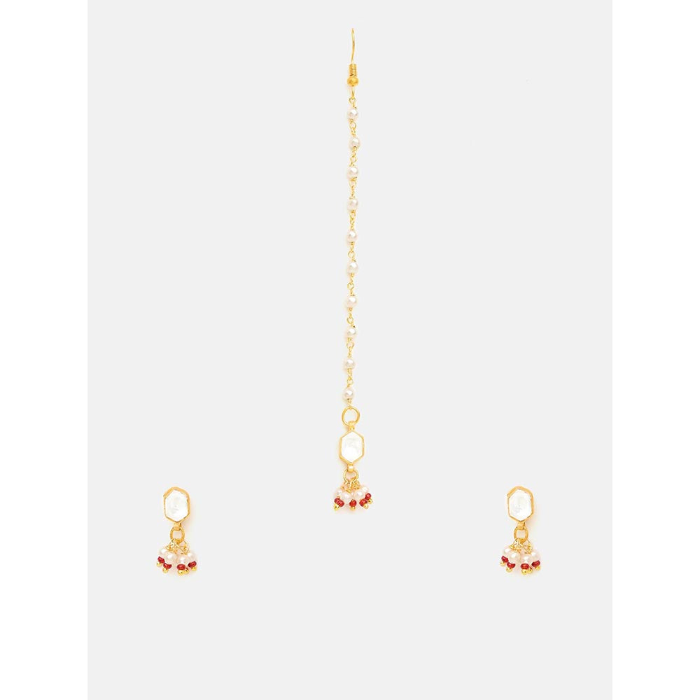 Ruby Raang Studio Womens White Kundan Maang Tikka with Earrings