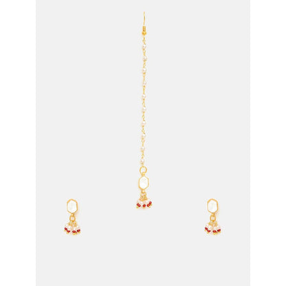 Ruby Raang Studio Womens White Kundan Maang Tikka with Earrings