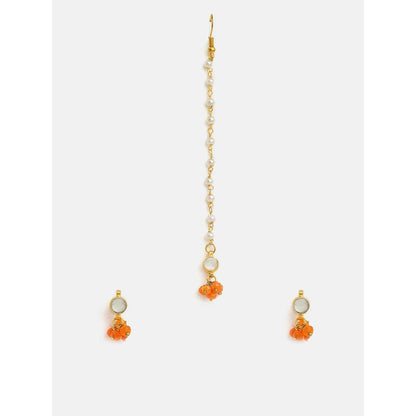 Ruby Raang Studio Orange Embedded Maang Tikka with Earrings