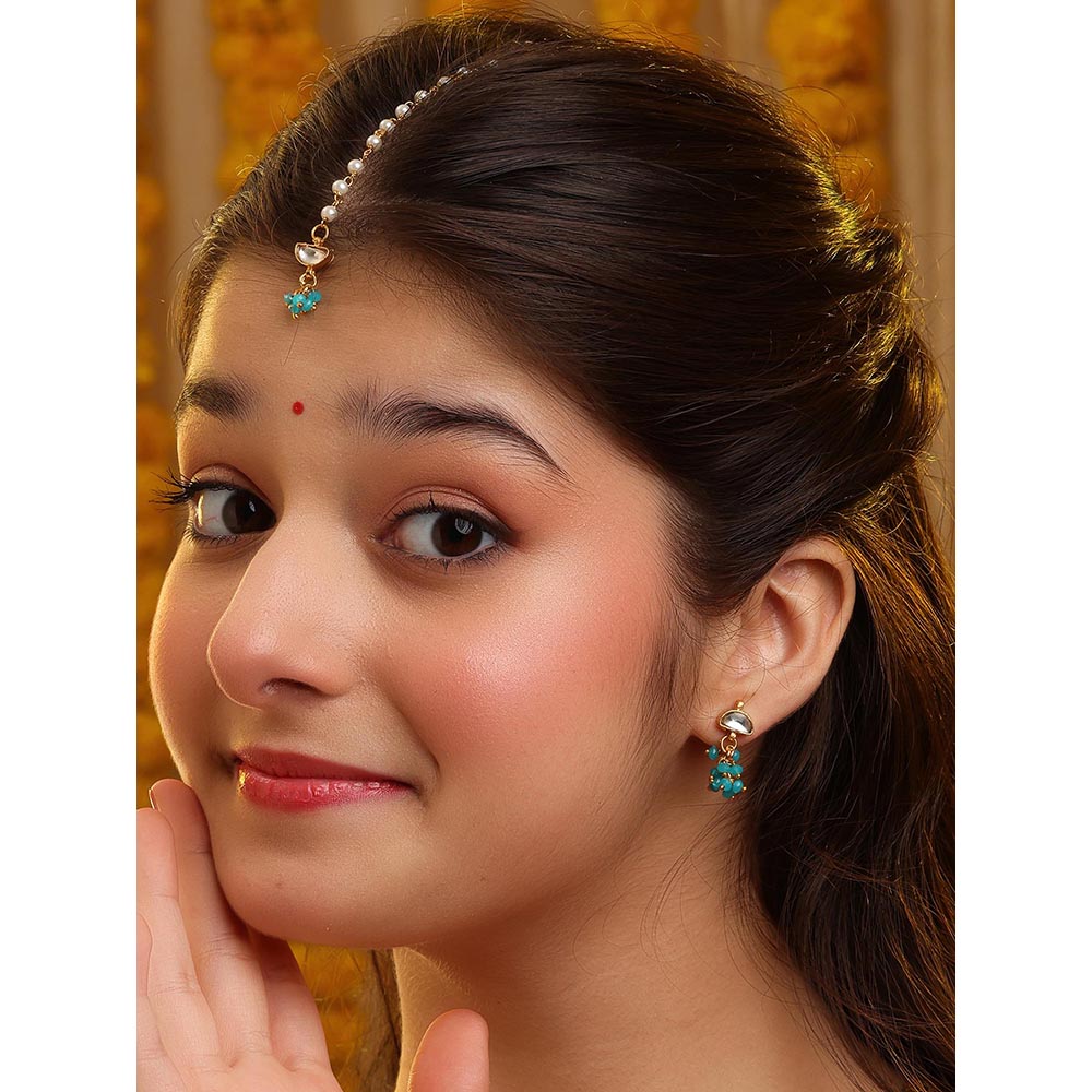 Ruby Raang Studio Semi-Circle Gold Blue Earrings With Maang Tikka
