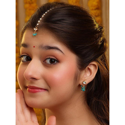 Ruby Raang Studio Semi-Circle Gold Blue Earrings With Maang Tikka