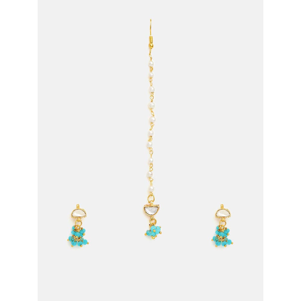 Ruby Raang Studio Semi-Circle Gold Blue Earrings With Maang Tikka