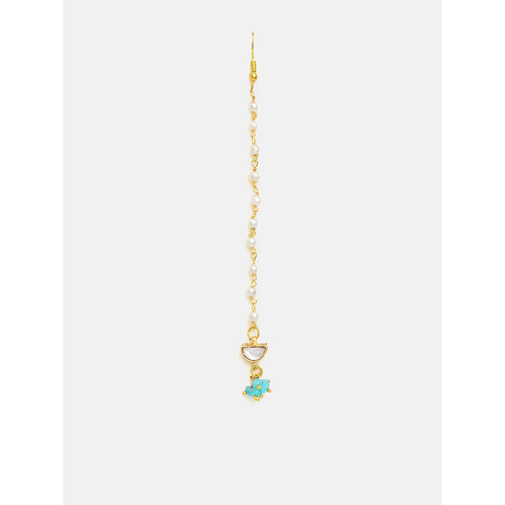 Ruby Raang Studio Semi-Circle Gold Blue Earrings With Maang Tikka