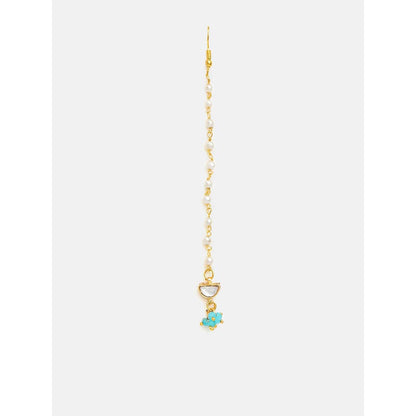 Ruby Raang Studio Semi-Circle Gold Blue Earrings With Maang Tikka