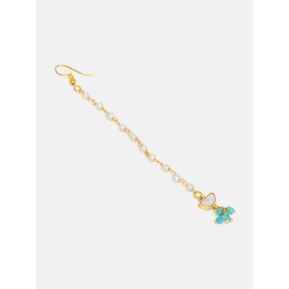 Ruby Raang Studio Semi-Circle Gold Blue Earrings With Maang Tikka